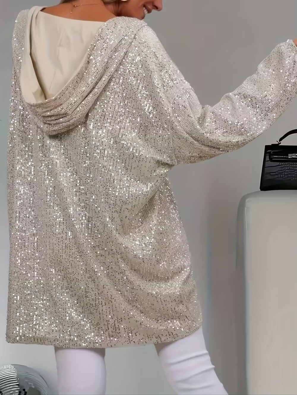 Beautiful Champagne Ivory Silver Sequin Sparkle Hooded Tunic